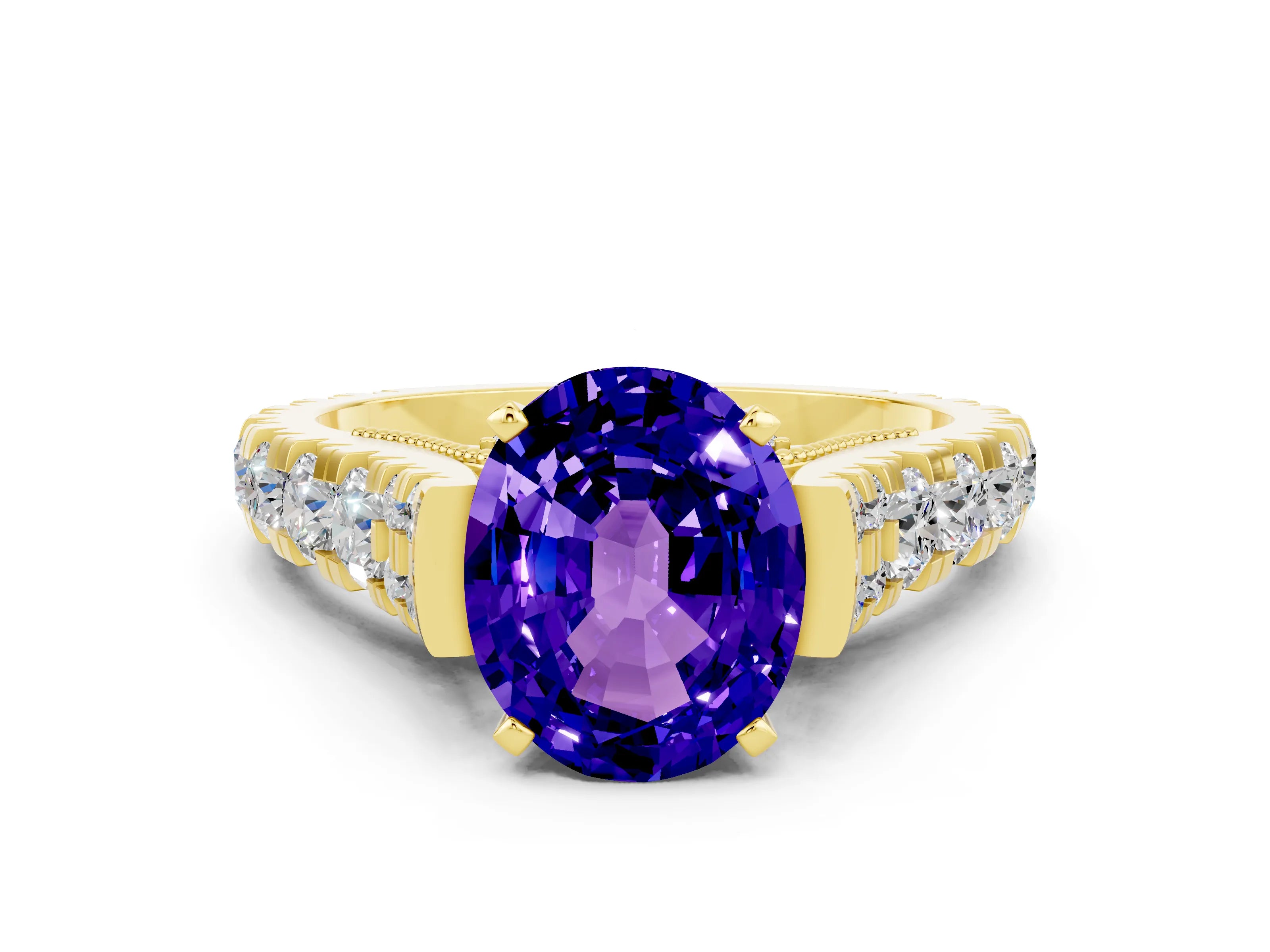 Yellow gold Oval Cut Tanzanite Classic Solitaire Ring with Pavé Band and Four-Prong Setting