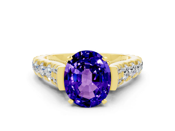 Yellow gold Oval Cut Tanzanite Classic Solitaire Ring with Pavé Band and Four-Prong Setting