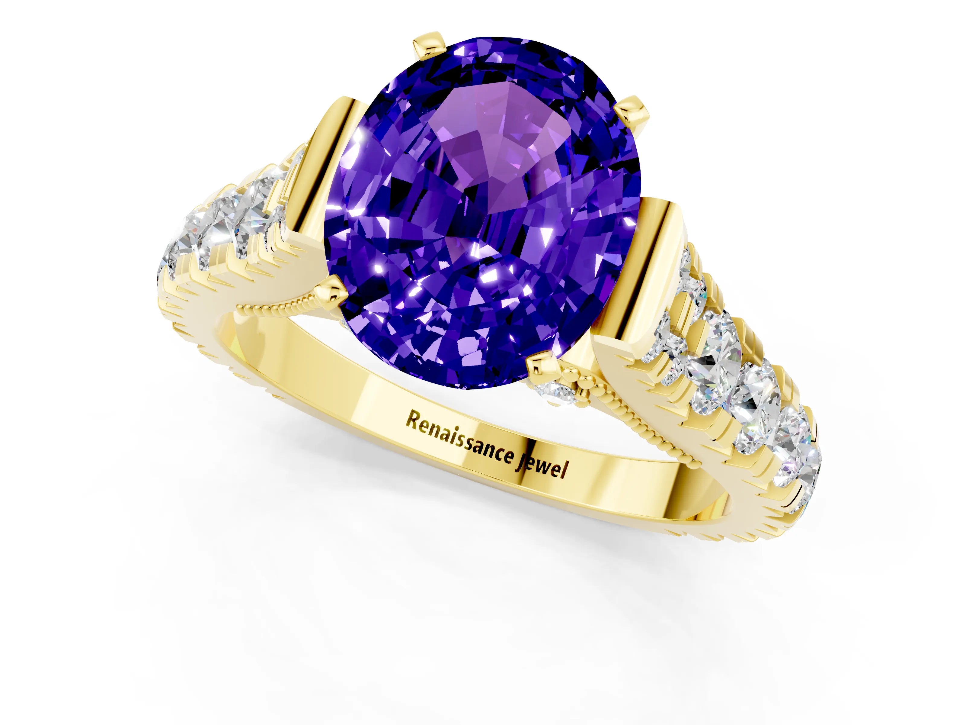 Yellow gold Oval Cut Tanzanite Classic Solitaire Ring with Pavé Band and Four-Prong Setting_1