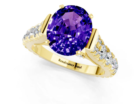 Yellow gold Oval Cut Tanzanite Classic Solitaire Ring with Pavé Band and Four-Prong Setting_1