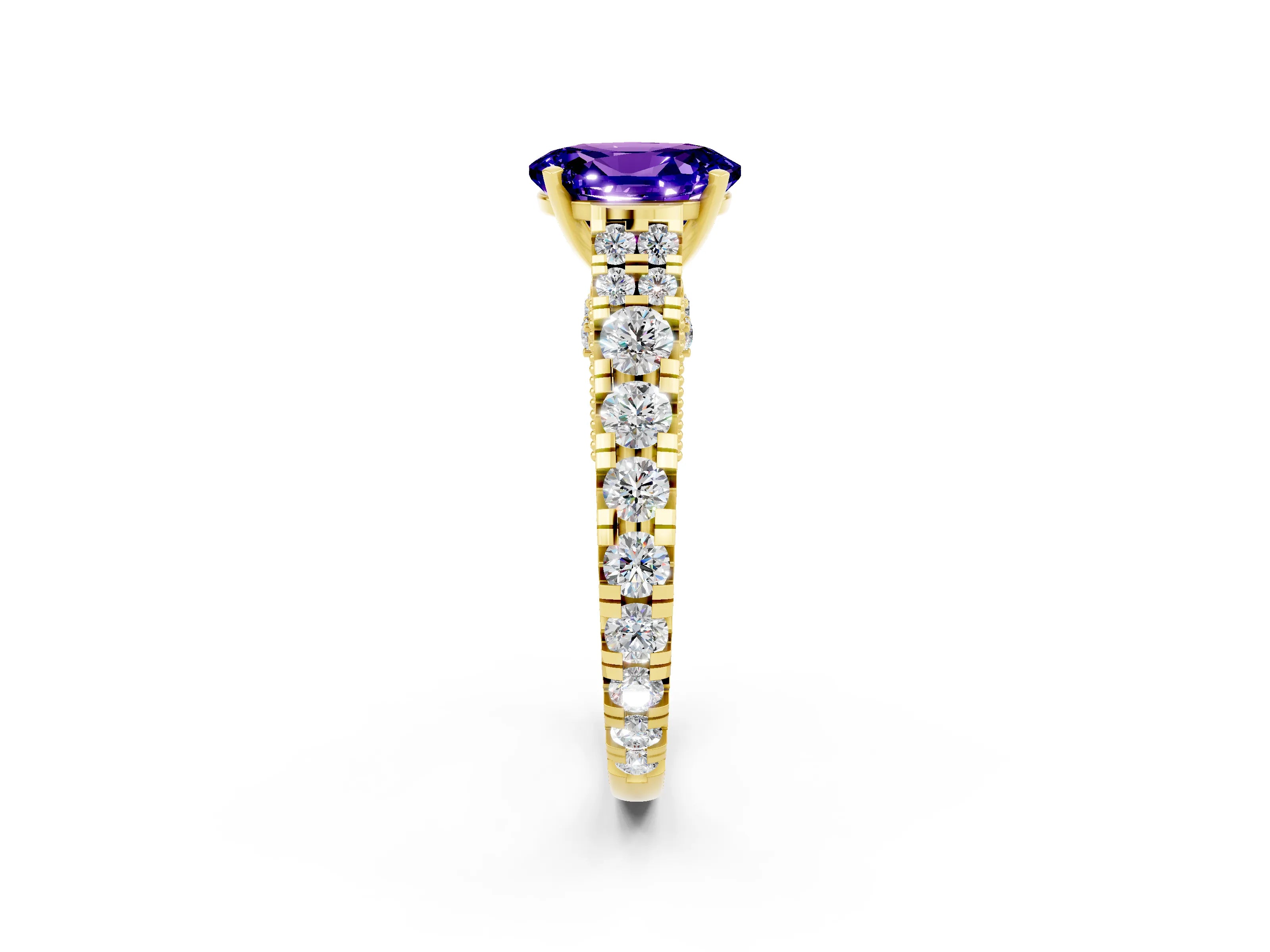 Yellow gold Oval Cut Tanzanite Classic Solitaire Ring with Pavé Band and Four-Prong Setting_2