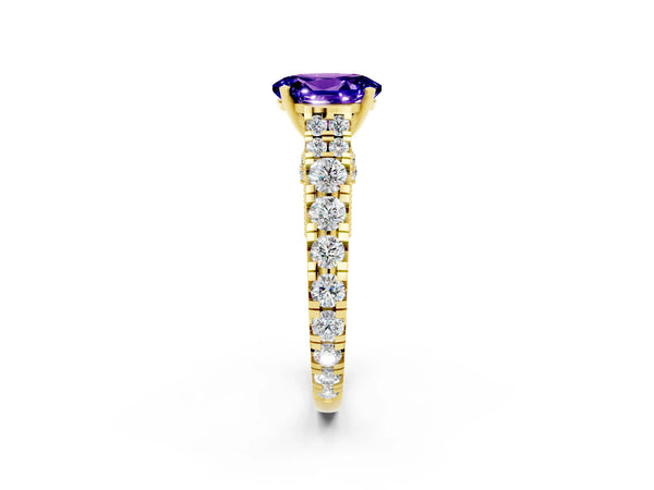 Yellow gold Oval Cut Tanzanite Classic Solitaire Ring with Pavé Band and Four-Prong Setting