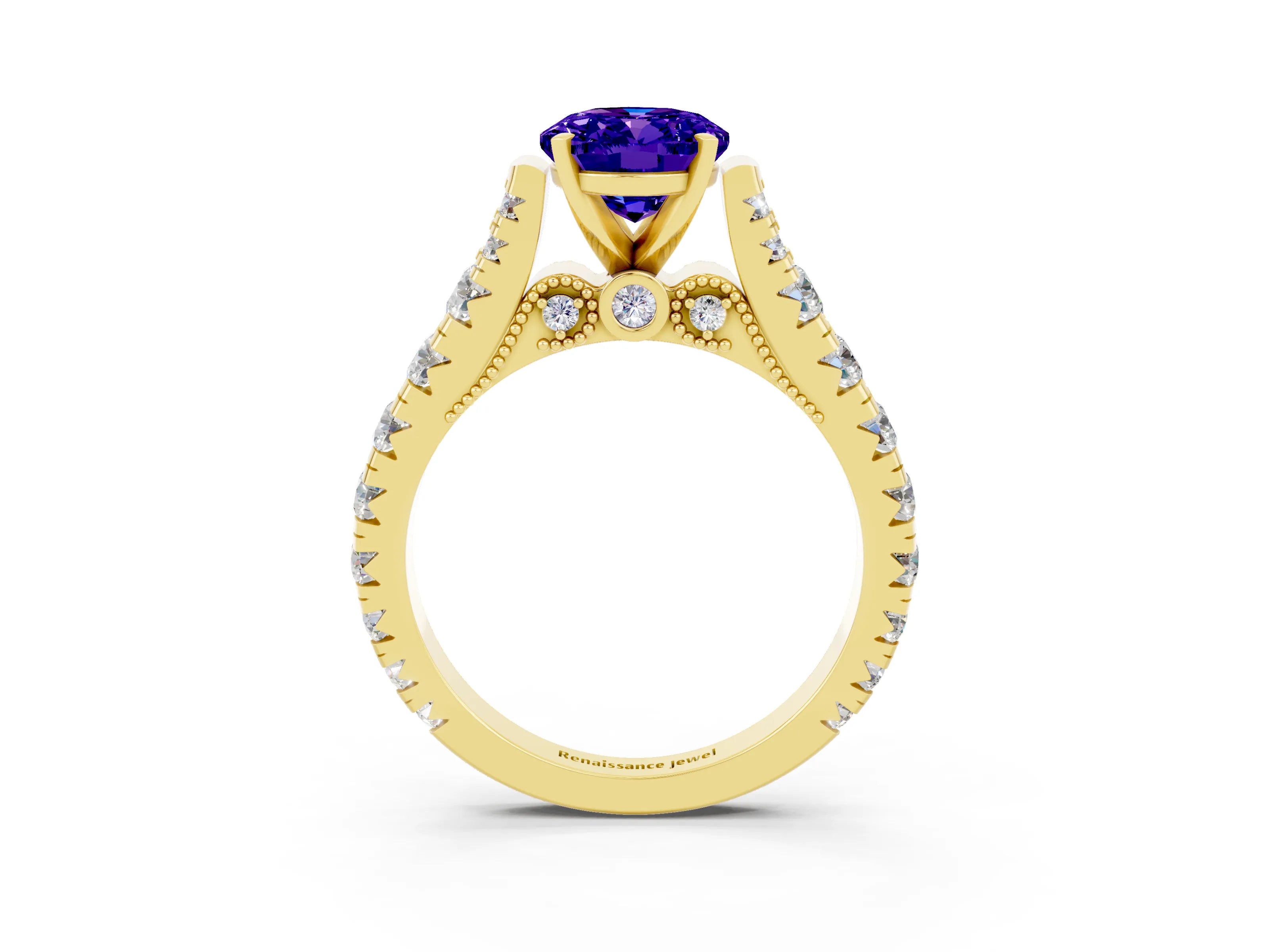 Yellow gold Oval Cut Tanzanite Classic Solitaire Ring with Pavé Band and Four-Prong Setting_3