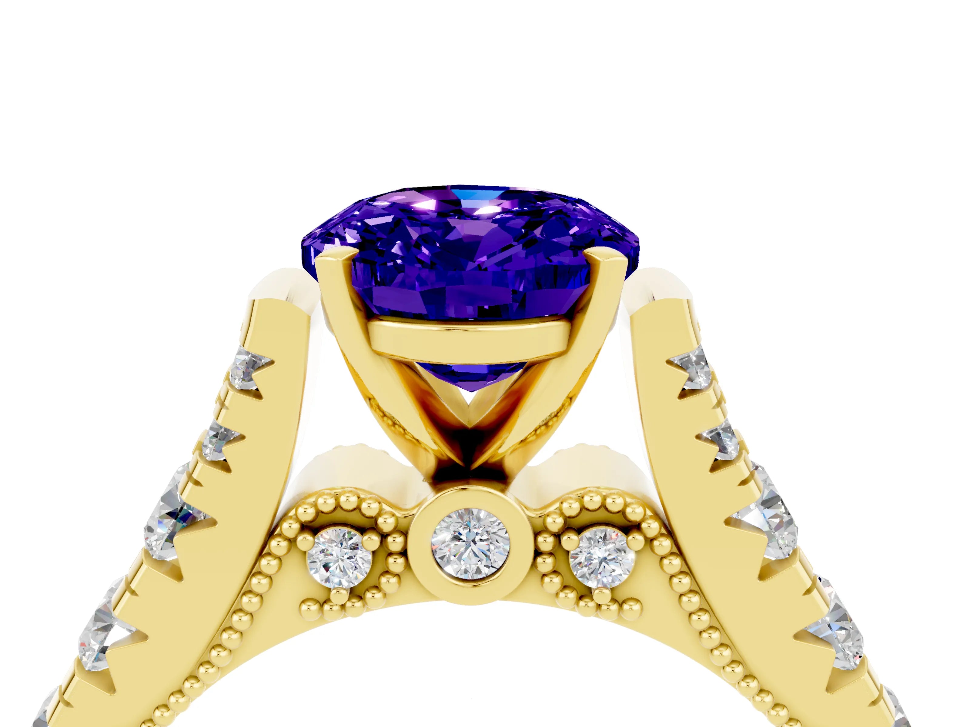 Yellow gold Oval Cut Tanzanite Classic Solitaire Ring with Pavé Band and Four-Prong Setting_4