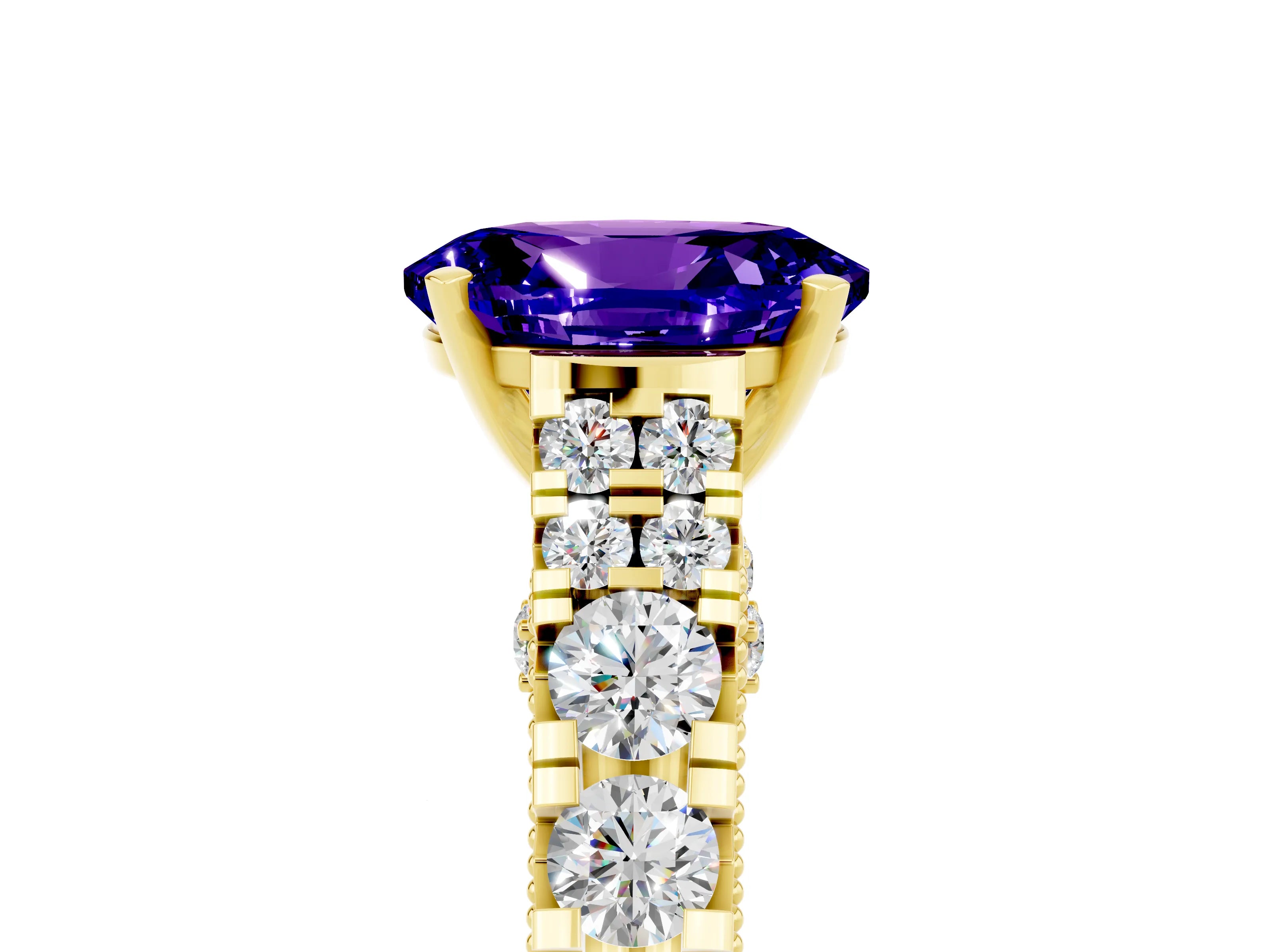 Yellow gold Oval Cut Tanzanite Classic Solitaire Ring with Pavé Band and Four-Prong Setting_5