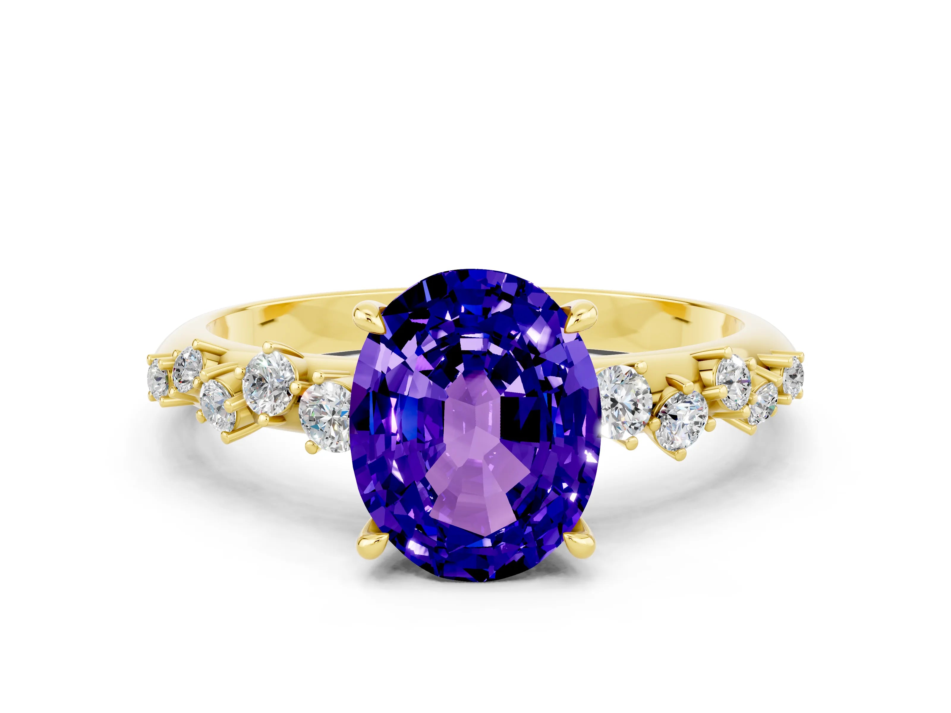 Yellow gold Oval Cut Tanzanite Cluster Side Stone Solitaire Ring with Prong Setting_24