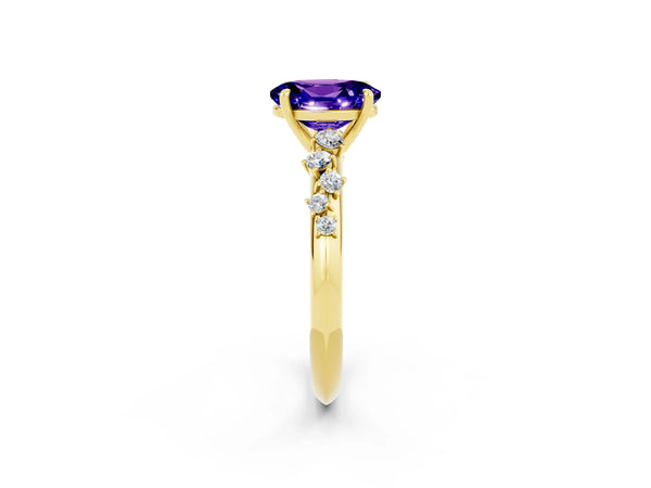 Yellow gold Oval Cut Tanzanite Cluster Side Stone Solitaire Ring with Prong Setting