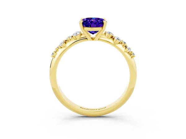 Yellow gold Oval Cut Tanzanite Cluster Side Stone Solitaire Ring with Prong Setting