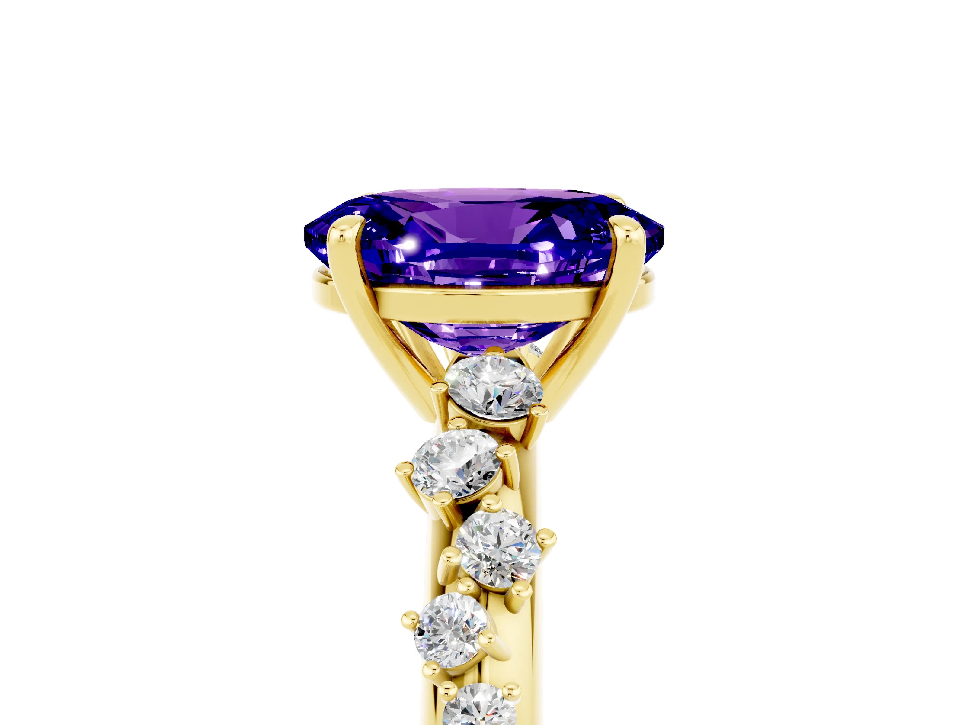 Yellow gold Oval Cut Tanzanite Cluster Side Stone Solitaire Ring with Prong Setting_29