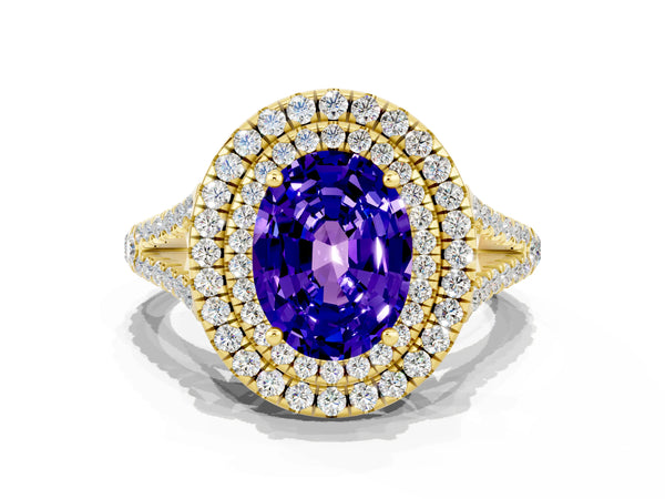 Yellow gold Oval Cut Tanzanite Double Halo Ring with Pavé Band and Prong Setting