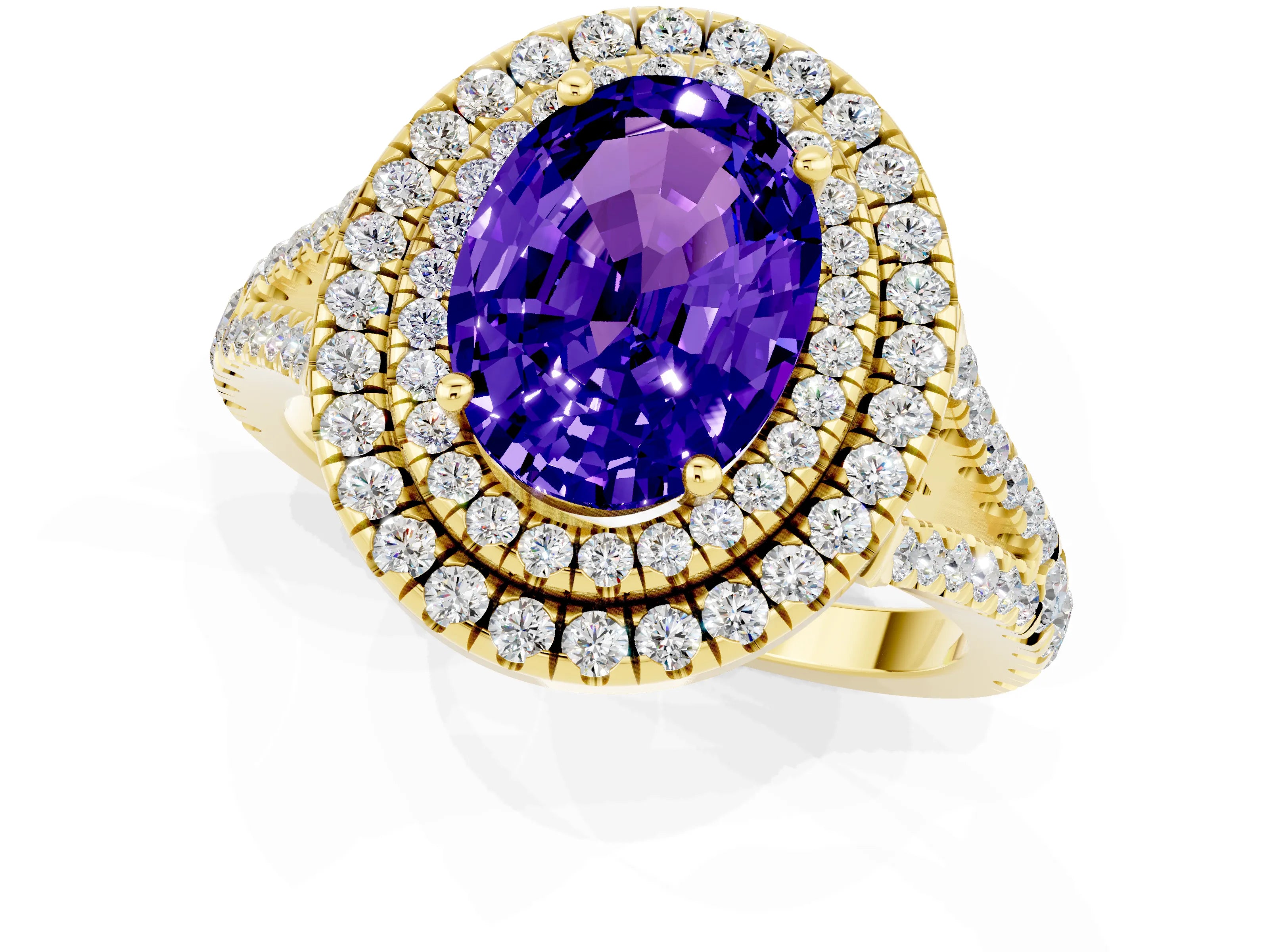 Yellow gold Oval Cut Tanzanite Double Halo Ring with Pavé Band and Prong Setting_13