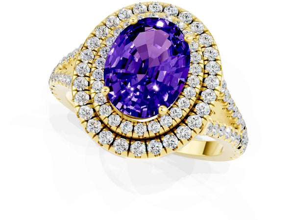 Yellow gold Oval Cut Tanzanite Double Halo Ring with Pavé Band and Prong Setting