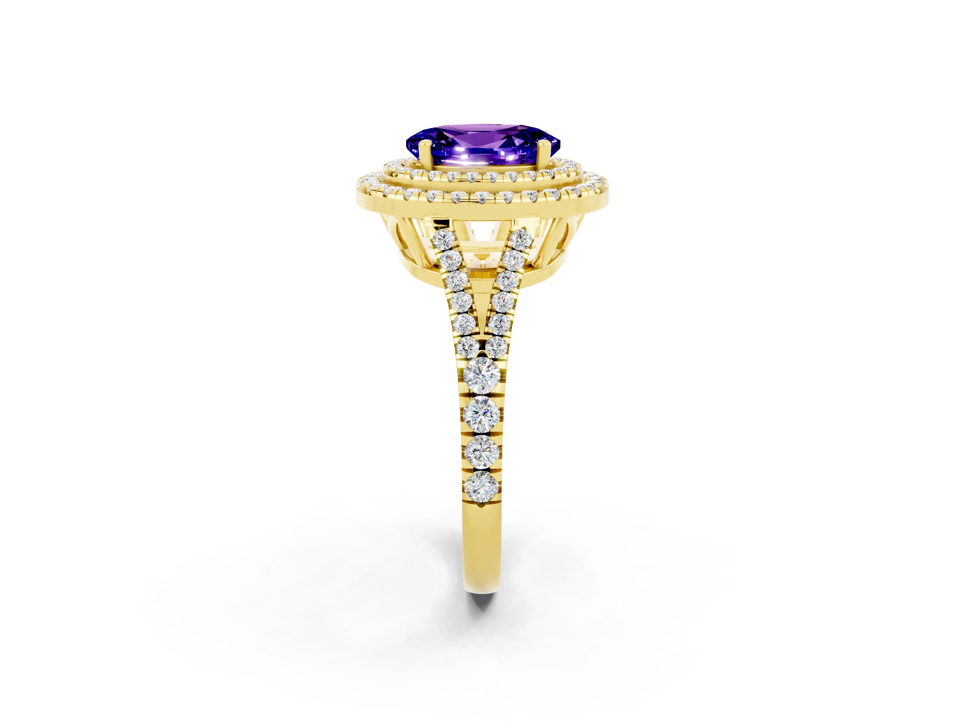 Yellow gold Oval Cut Tanzanite Double Halo Ring with Pavé Band and Prong Setting_14