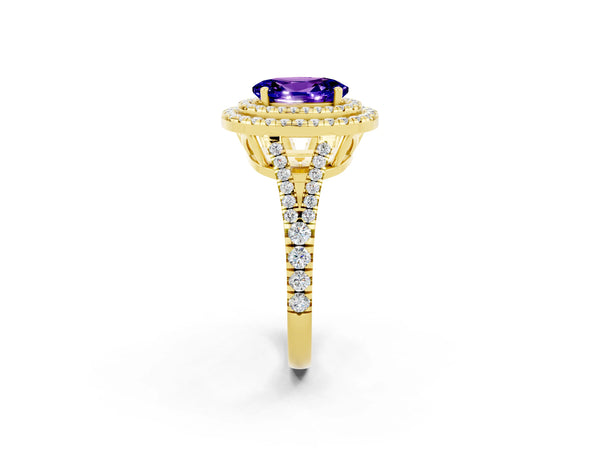 Yellow gold Oval Cut Tanzanite Double Halo Ring with Pavé Band and Prong Setting