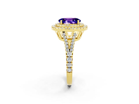 Yellow gold Oval Cut Tanzanite Double Halo Ring with Pavé Band and Prong Setting_14