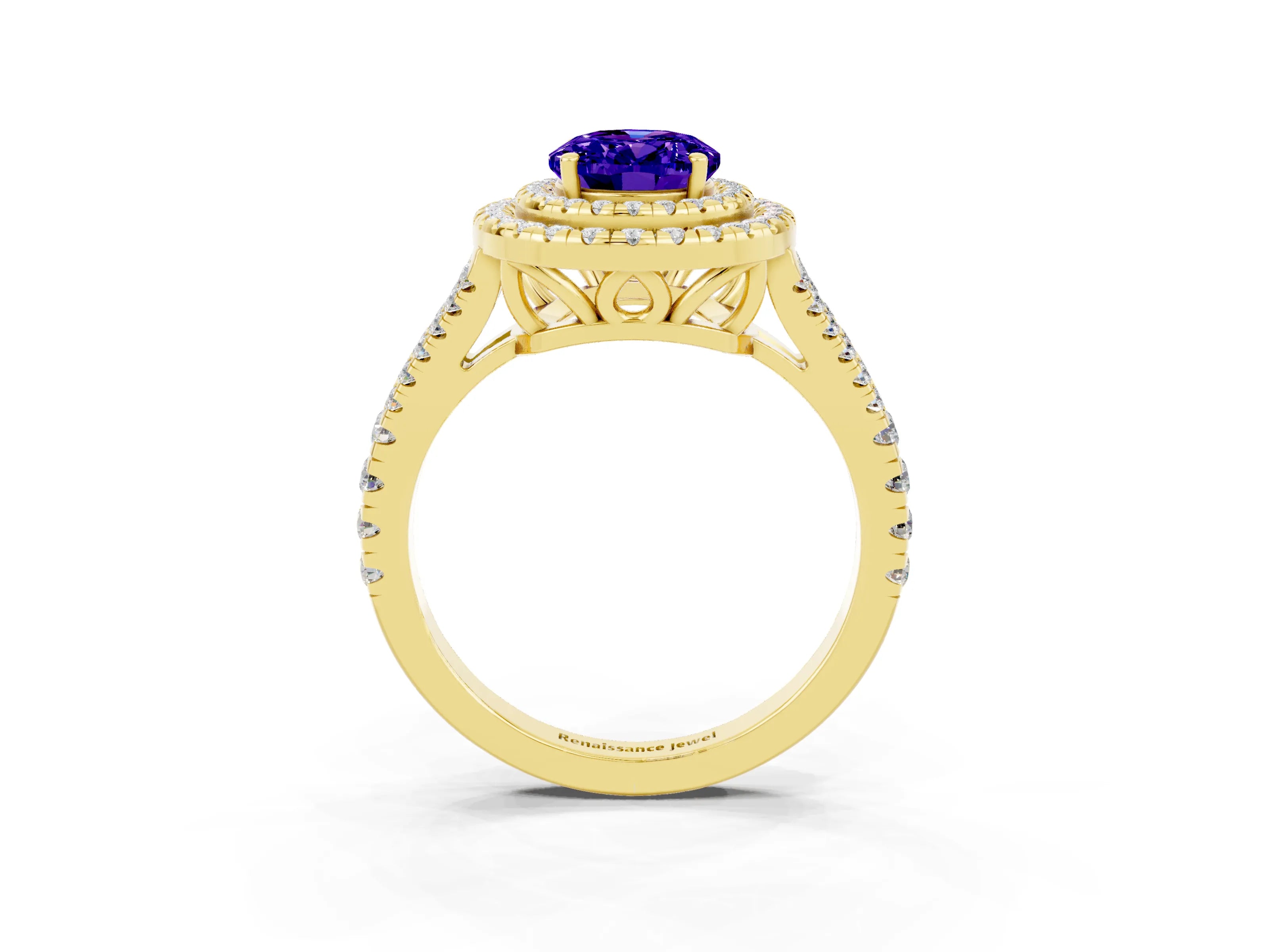 Yellow gold Oval Cut Tanzanite Double Halo Ring with Pavé Band and Prong Setting_15