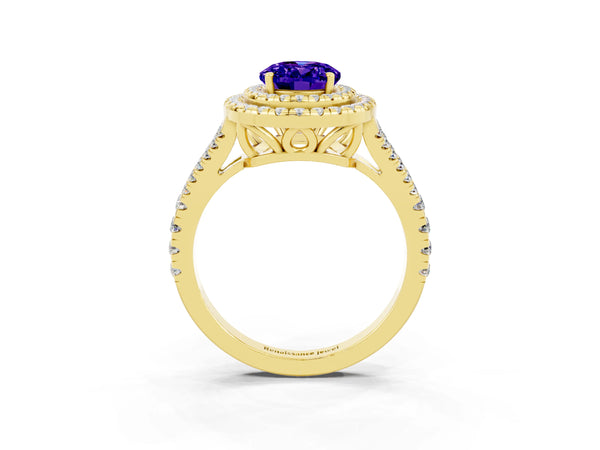 Yellow gold Oval Cut Tanzanite Double Halo Ring with Pavé Band and Prong Setting