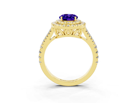 Yellow gold Oval Cut Tanzanite Double Halo Ring with Pavé Band and Prong Setting_15