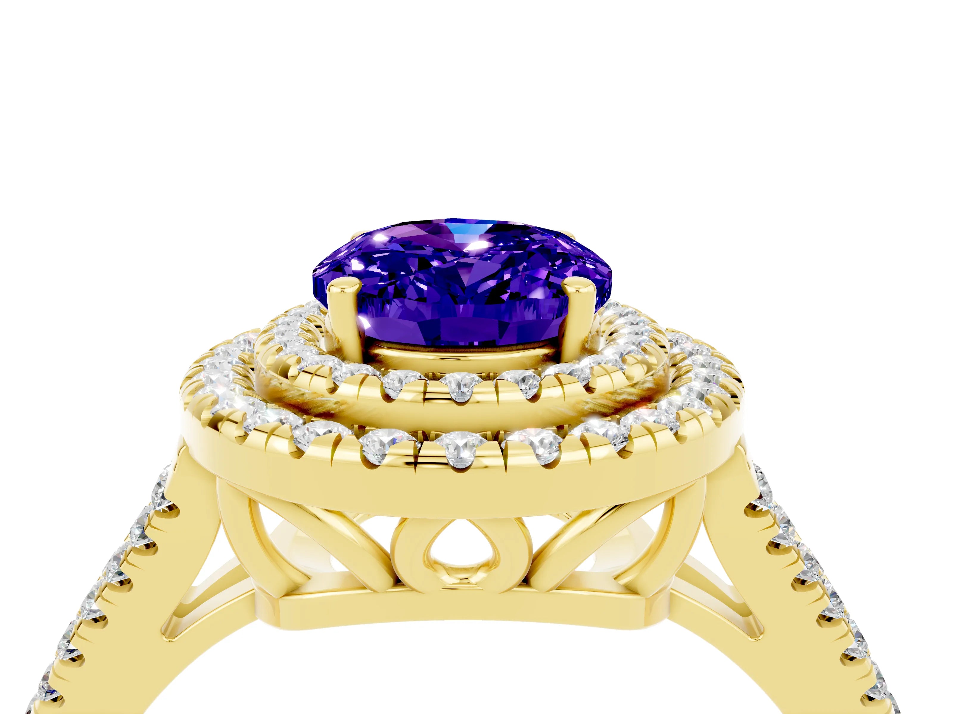 Yellow gold Oval Cut Tanzanite Double Halo Ring with Pavé Band and Prong Setting_16
