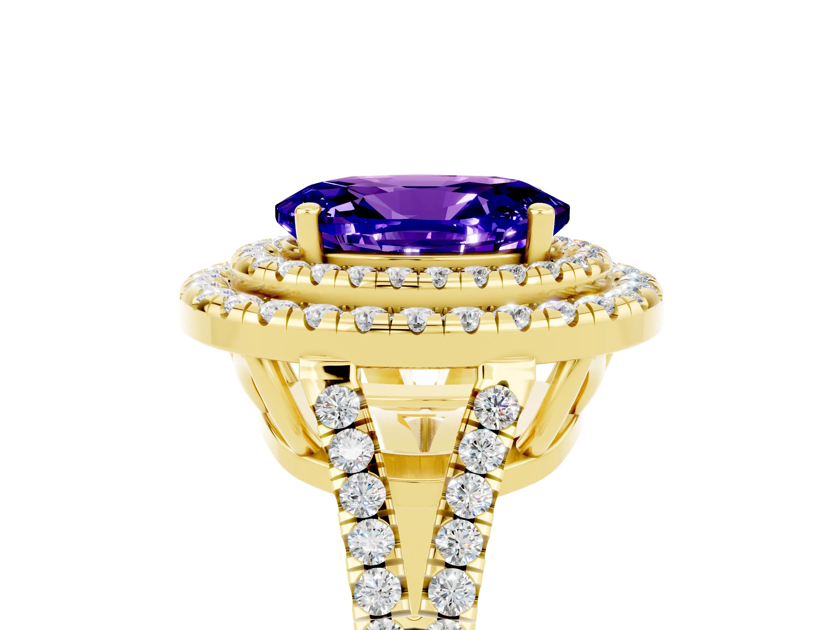 Yellow gold Oval Cut Tanzanite Double Halo Ring with Pavé Band and Prong Setting_17