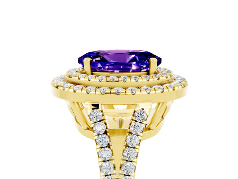 Yellow gold Oval Cut Tanzanite Double Halo Ring with Pavé Band and Prong Setting_17