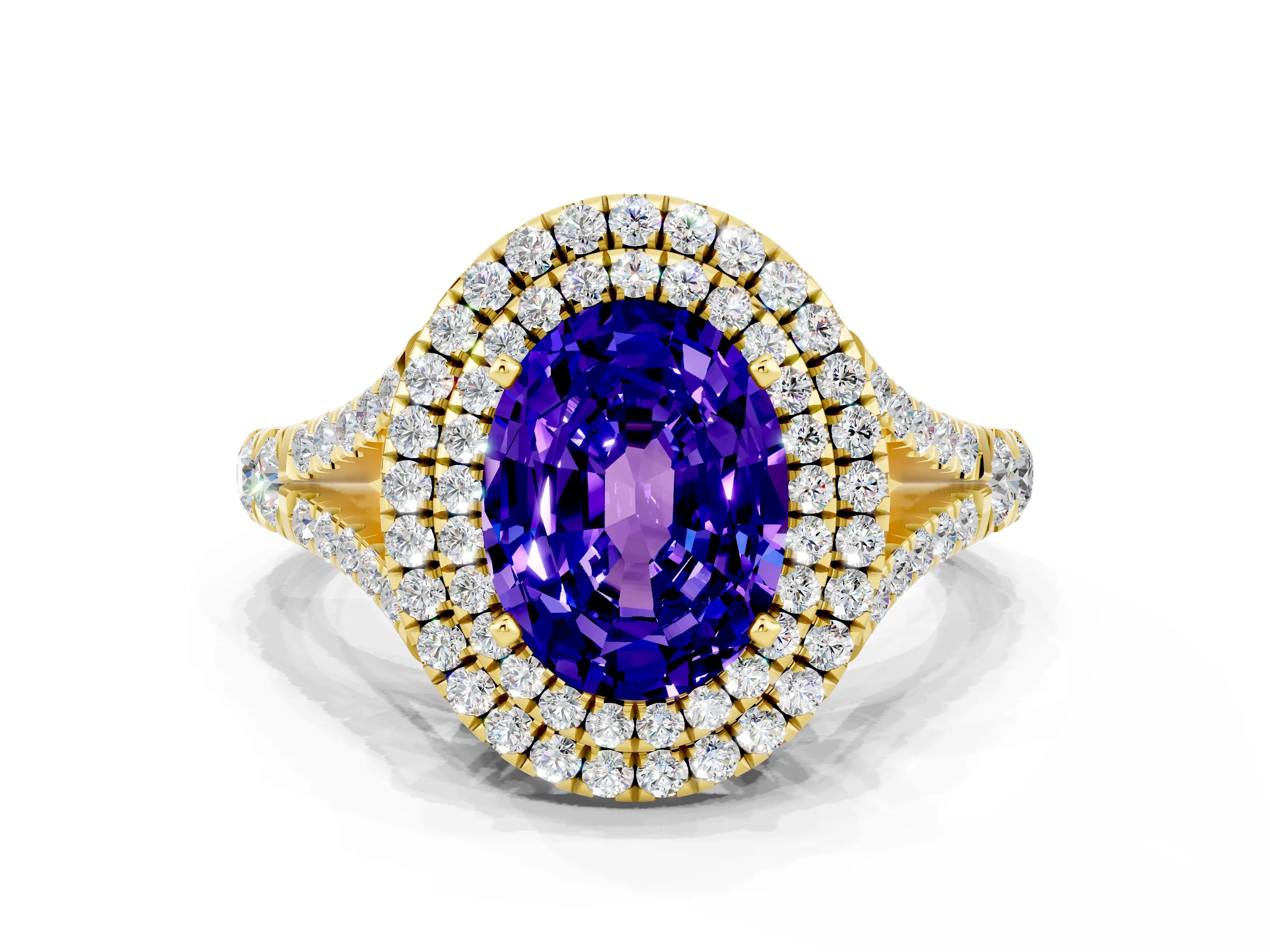 Yellow gold Oval Cut Tanzanite Double Halo Ring with Split Shank and Prong Setting_12