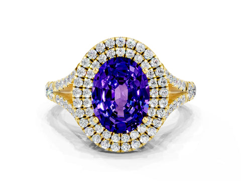 Yellow gold Oval Cut Tanzanite Double Halo Ring with Split Shank and Prong Setting_12