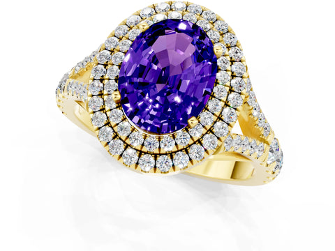 Yellow gold Oval Cut Tanzanite Double Halo Ring with Split Shank and Prong Setting_13