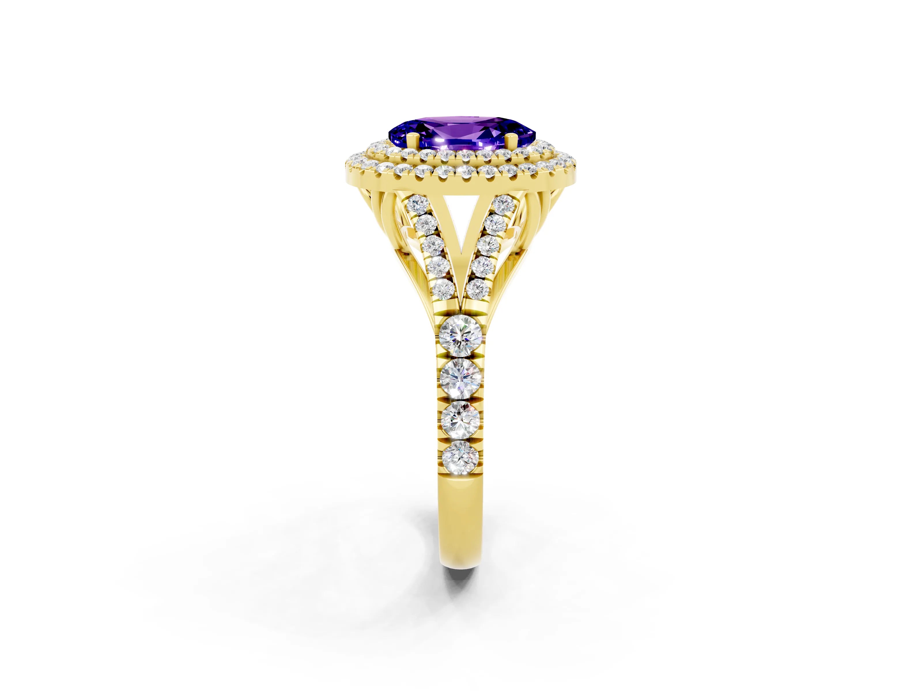 Yellow gold Oval Cut Tanzanite Double Halo Ring with Split Shank and Prong Setting_14