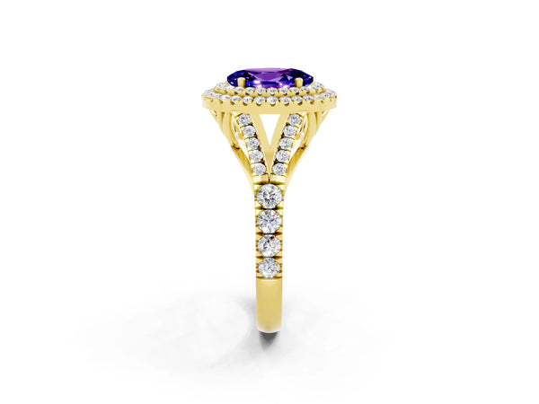Yellow gold Oval Cut Tanzanite Double Halo Ring with Split Shank and Prong Setting