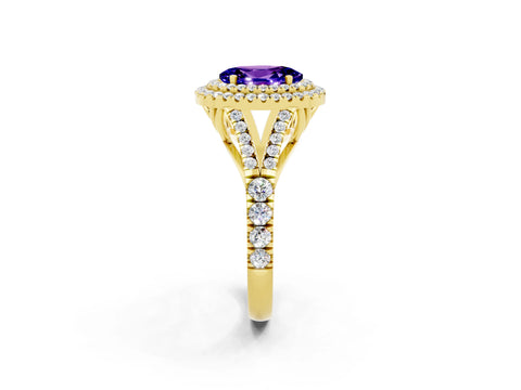 Yellow gold Oval Cut Tanzanite Double Halo Ring with Split Shank and Prong Setting_14