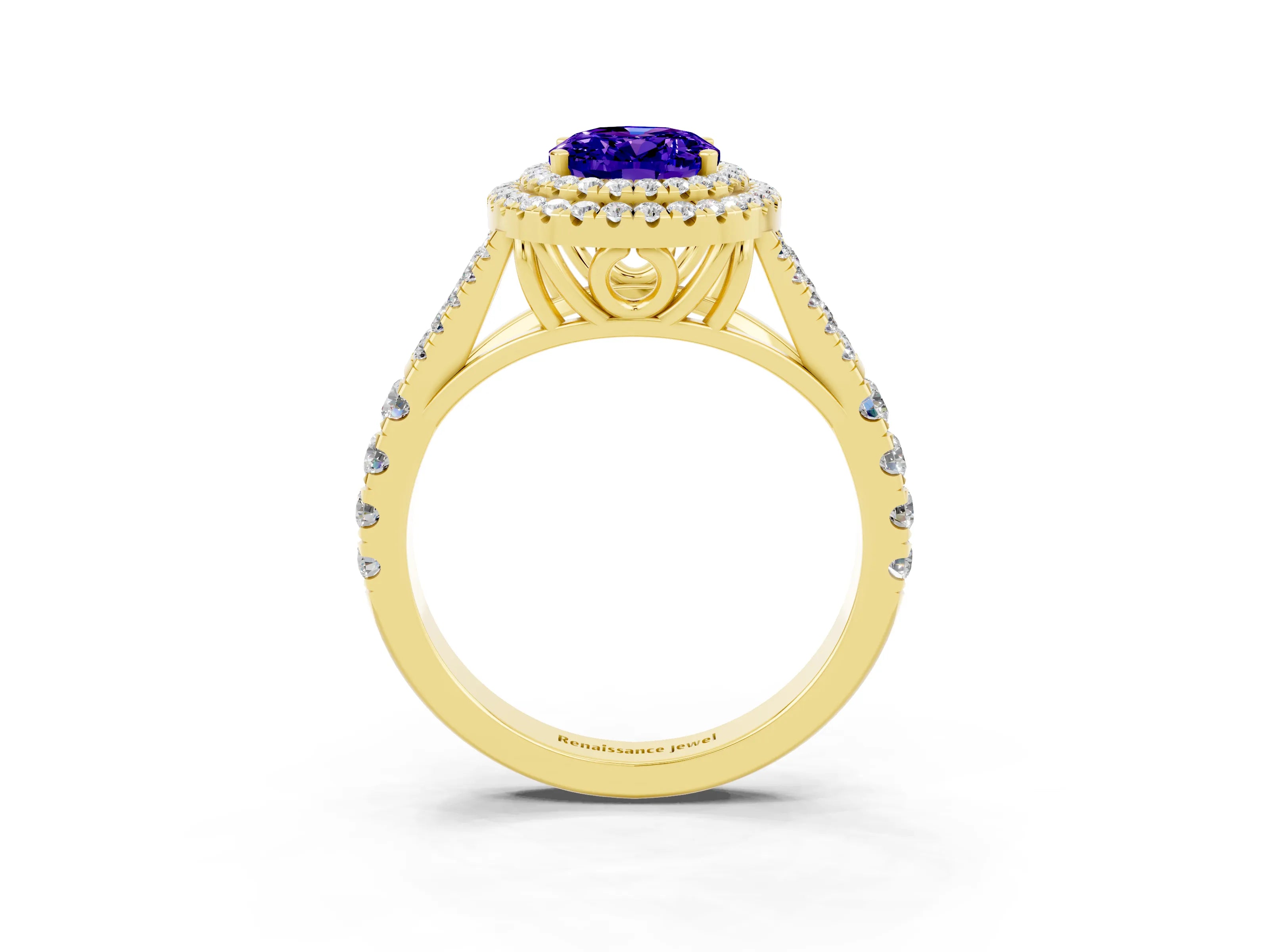 Yellow gold Oval Cut Tanzanite Double Halo Ring with Split Shank and Prong Setting_15