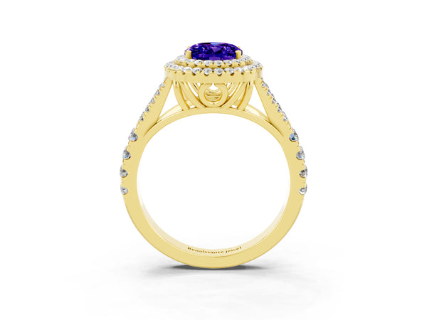 Yellow gold Oval Cut Tanzanite Double Halo Ring with Split Shank and Prong Setting
