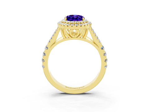 Yellow gold Oval Cut Tanzanite Double Halo Ring with Split Shank and Prong Setting_15