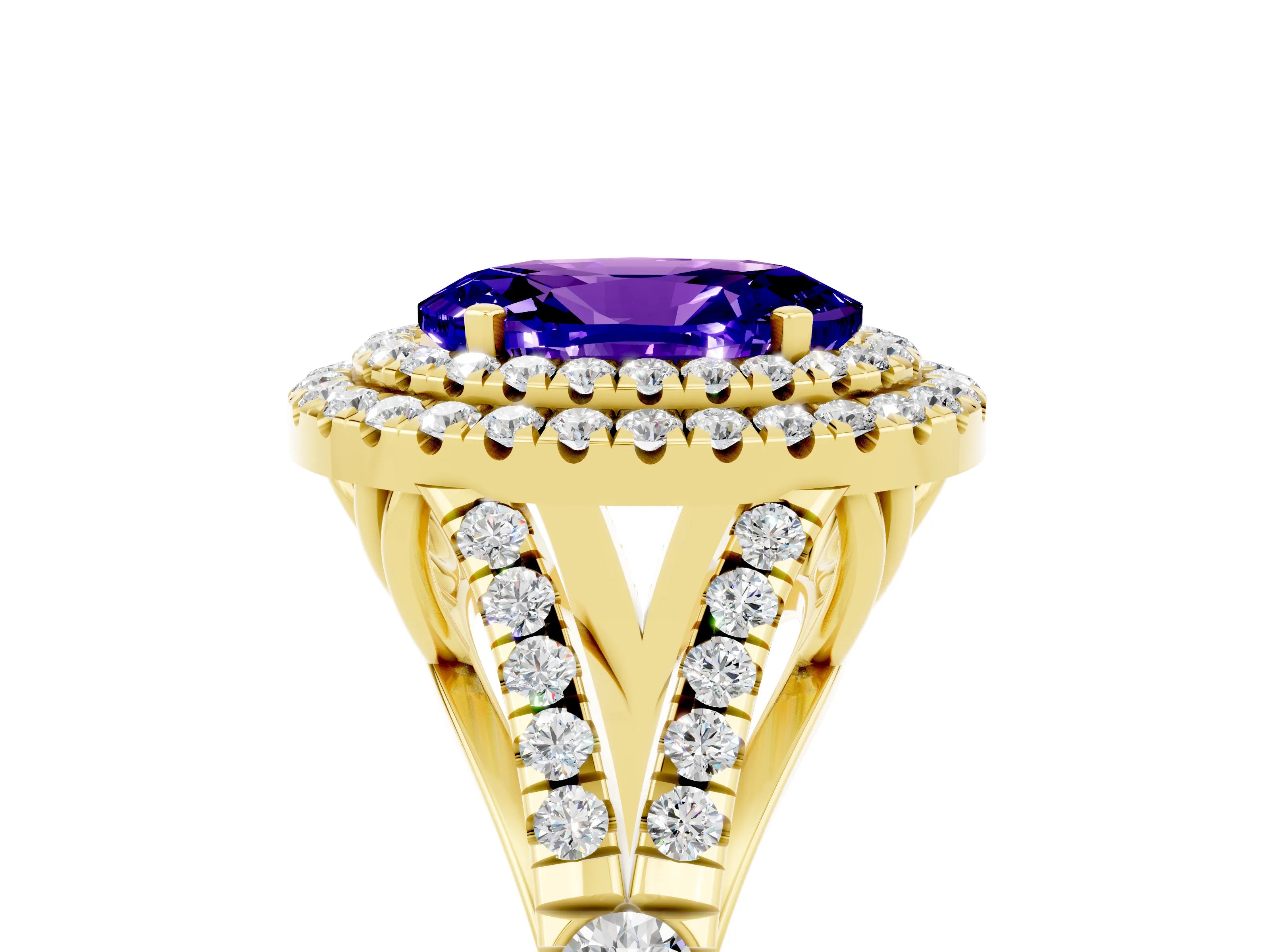 Yellow gold Oval Cut Tanzanite Double Halo Ring with Split Shank and Prong Setting_17