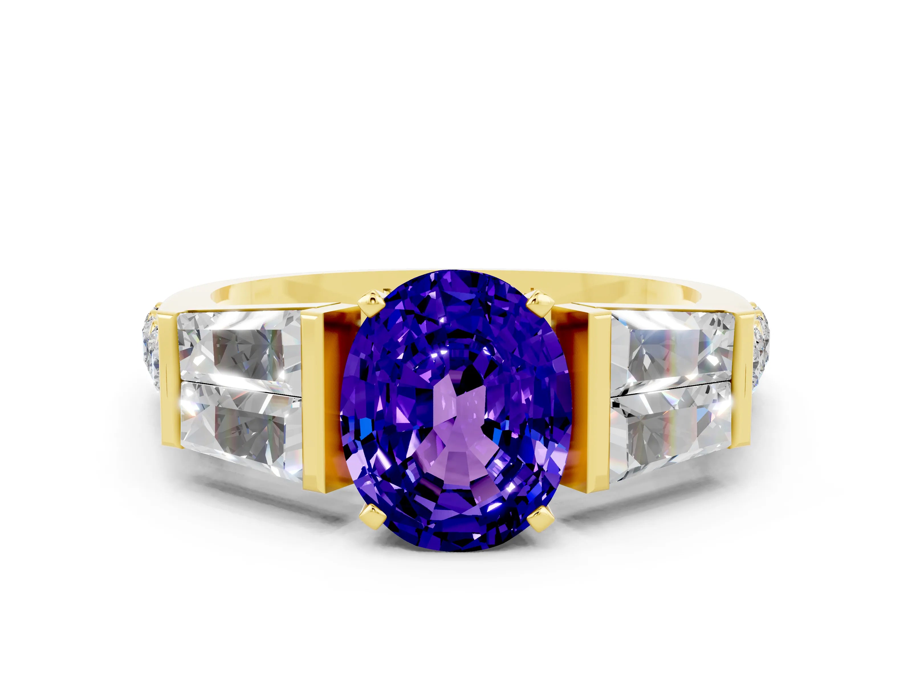 Yellow gold Oval Cut Tanzanite Engagement Ring with Baguette Side Stones and Channel Set Band