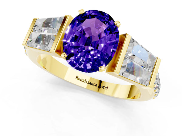 Yellow gold Oval Cut Tanzanite Engagement Ring with Baguette Side Stones and Channel Set Band