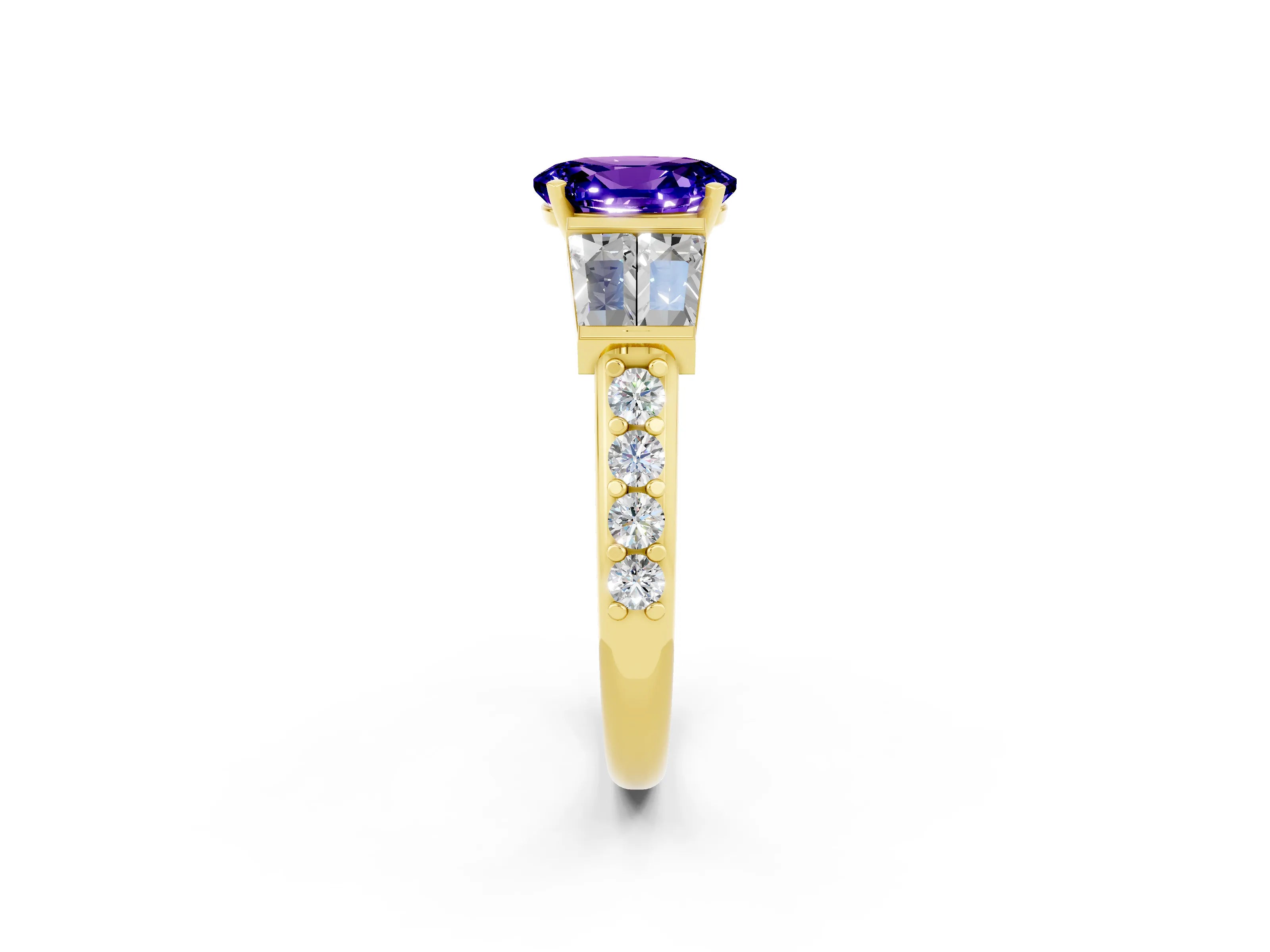 Yellow gold Oval Cut Tanzanite Engagement Ring with Baguette Side Stones and Channel Set Band_2