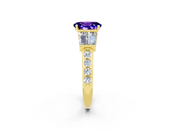 Yellow gold Oval Cut Tanzanite Engagement Ring with Baguette Side Stones and Channel Set Band