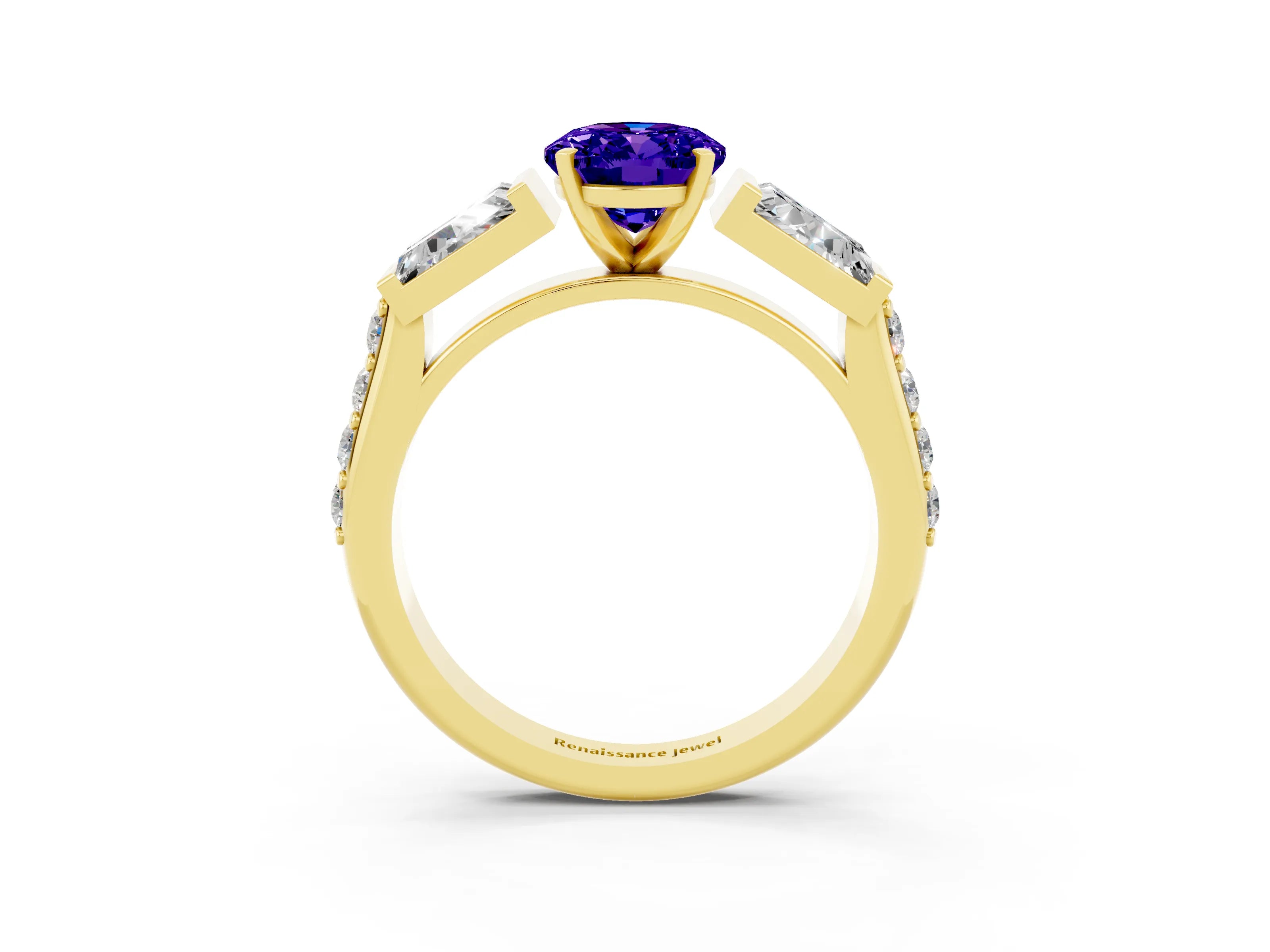 Yellow gold Oval Cut Tanzanite Engagement Ring with Baguette Side Stones and Channel Set Band_3