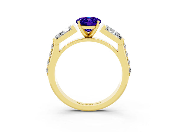 Yellow gold Oval Cut Tanzanite Engagement Ring with Baguette Side Stones and Channel Set Band