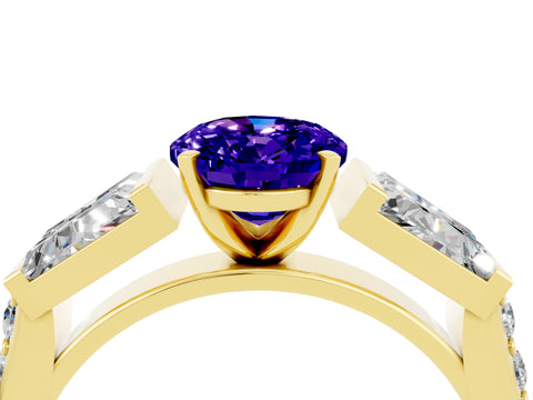 Yellow gold Oval Cut Tanzanite Engagement Ring with Baguette Side Stones and Channel Set Band_4