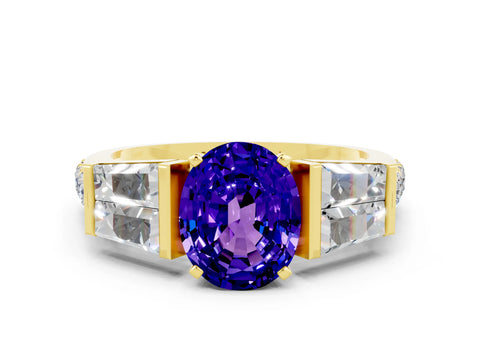 Yellow gold Oval Cut Tanzanite Engagement Ring with Baguette Side Stones and Channel Set Band