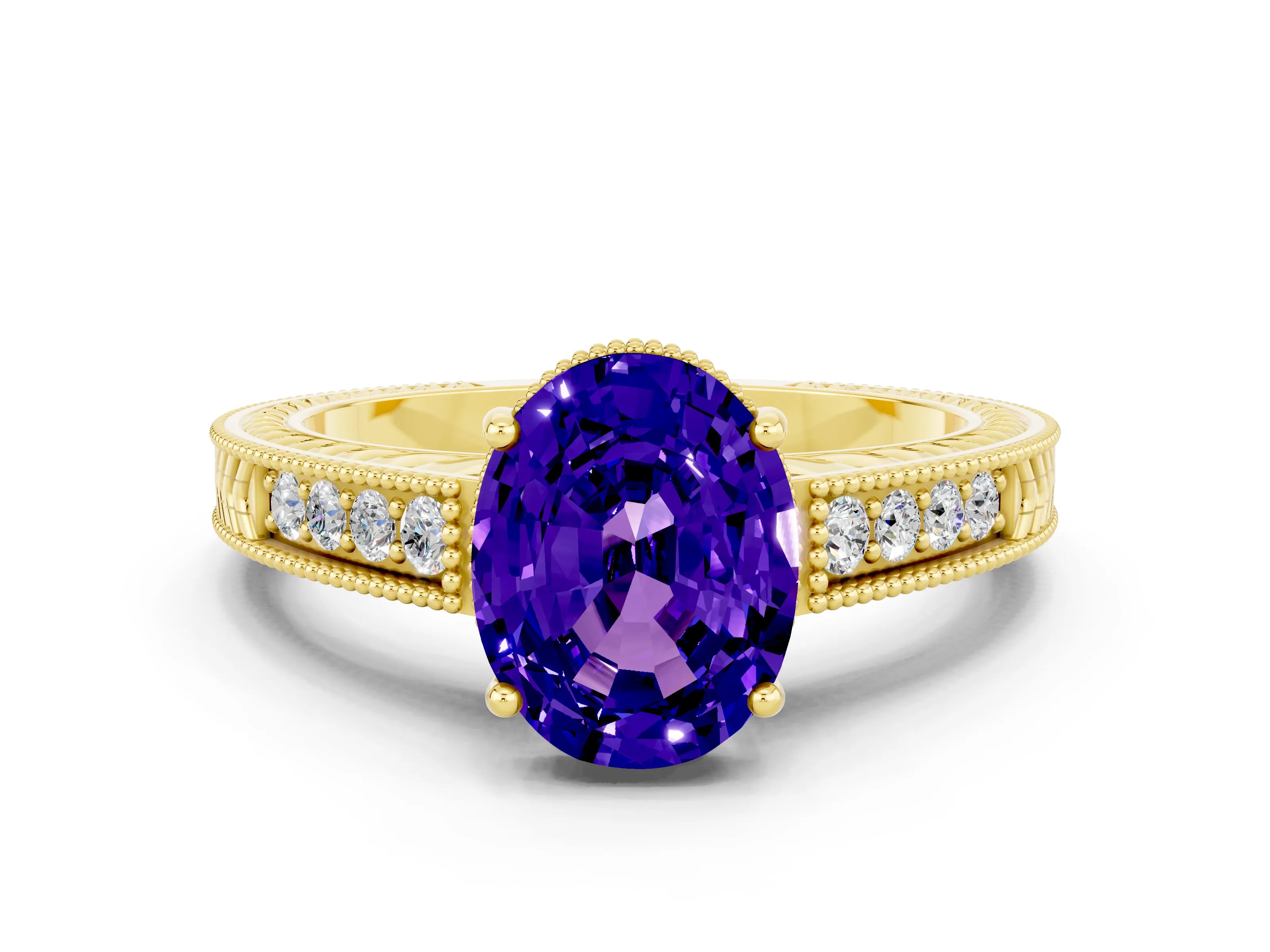 Yellow gold Oval Cut Tanzanite Engagement Ring with Milgrain Channel Set Band and Prong Setting
