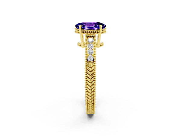 Yellow gold Oval Cut Tanzanite Engagement Ring with Milgrain Channel Set Band and Prong Setting