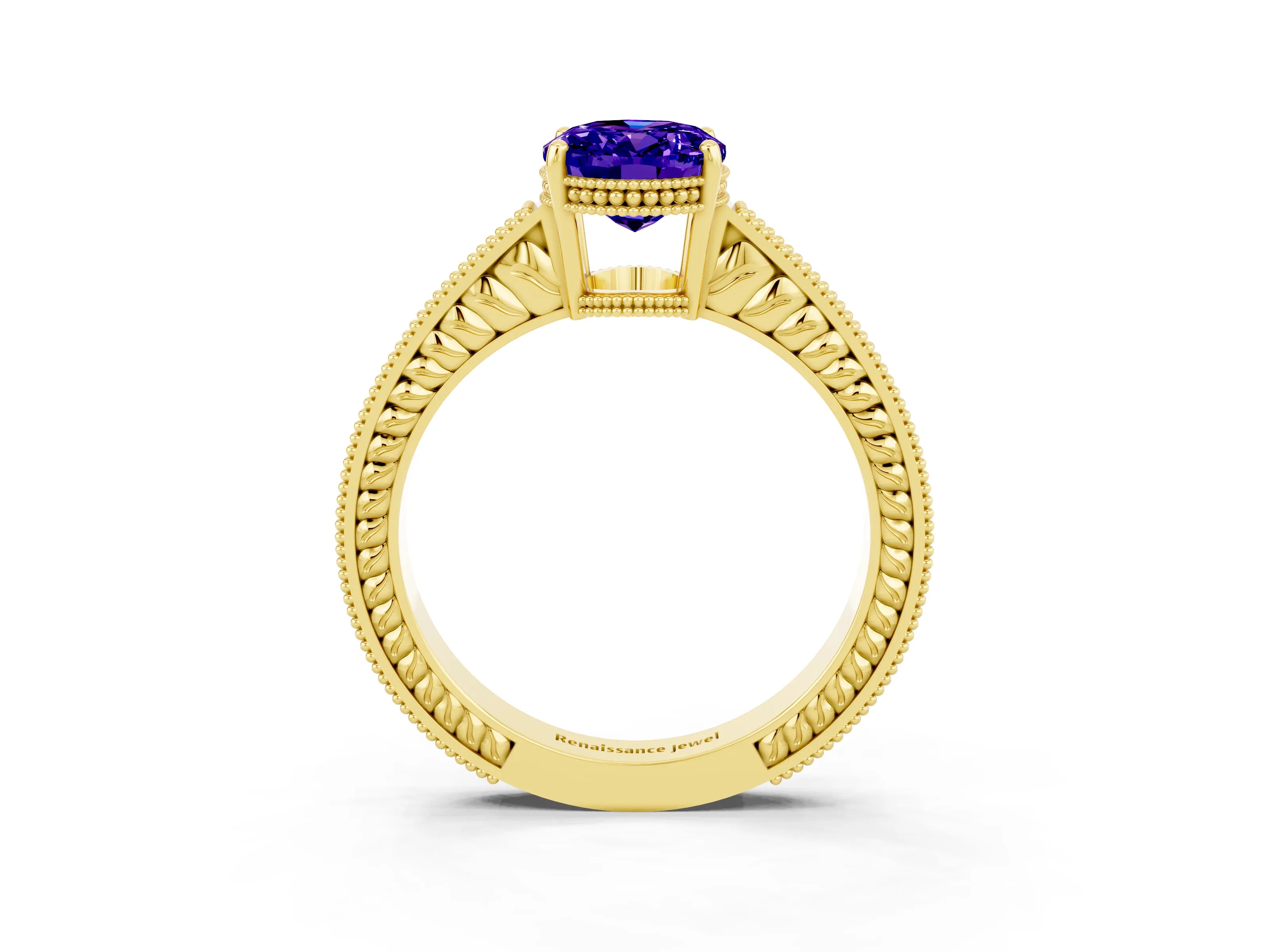 Yellow gold Oval Cut Tanzanite Engagement Ring with Milgrain Channel Set Band and Prong Setting_3
