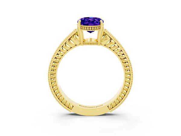 Yellow gold Oval Cut Tanzanite Engagement Ring with Milgrain Channel Set Band and Prong Setting
