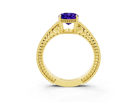 Yellow gold Oval Cut Tanzanite Engagement Ring with Milgrain Channel Set Band and Prong Setting_3