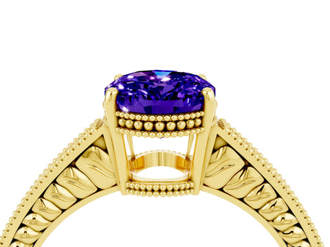Yellow gold Oval Cut Tanzanite Engagement Ring with Milgrain Channel Set Band and Prong Setting_4