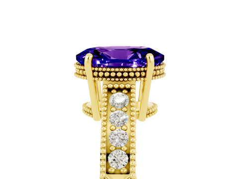 Yellow gold Oval Cut Tanzanite Engagement Ring with Milgrain Channel Set Band and Prong Setting_5
